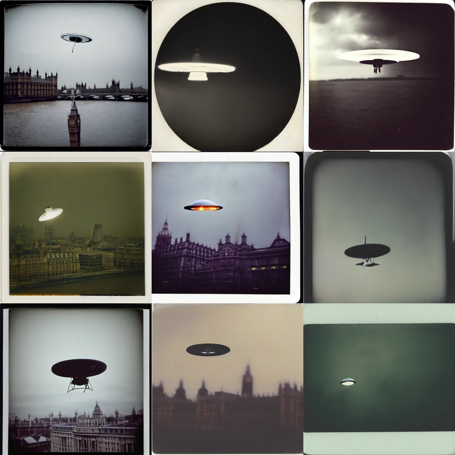 Prompt: an aged polaroid photo of a small ufo flying above london, gloomy, grainy