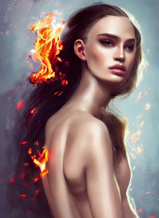 Image similar to 3d fashion portrait with fire, female, future, torch, flame, harper's bazaar, vogue, fashion magazine, intricate, concept art, close up, ornate, luxury, elite, elegant, trending on artstation, by ruan jia, by Kenneth Willardt, by ross tran, by WLOP, by Andrei Riabovitchev,