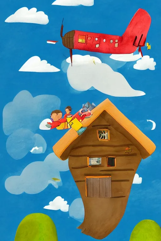 Prompt: a children's book illustration of an adventure cabin flying through the clouds