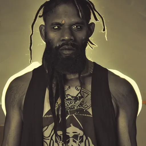 Image similar to black cyberpunk man with a beard and dreads, hulking build, chiaroscuro portrait