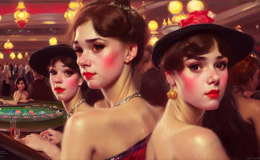 Image similar to portrait of several girls at a casino, highkey, realistic, serov, surikov, vasnetsov, repin, kramskoi, ultra realistic, depth of field insanely detailed, charlie bowater, tom bagshaw, norman rockwell, octane rendered, unreal engine, trending on artstation, 8 k