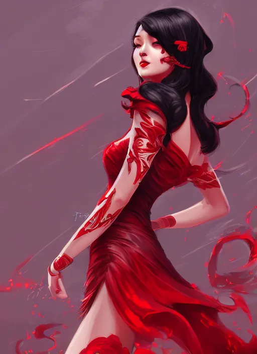 Image similar to a highly detailed illustration of hime cut black haired woman wearing red dress, dramatic smiling pose, intricate, elegant, highly detailed, centered, digital painting, artstation, concept art, smooth, sharp focus, league of legends concept art, wlop