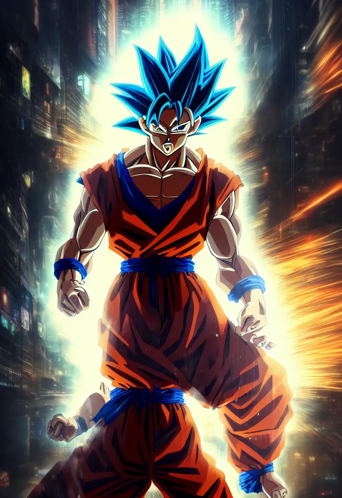 Image similar to super saiyan Goku with wind-like hair posing in Shanghai cyberpunk city, dark, highly detailed face, close-up, fantasy art, male art, in the style of greg rutkowski, illustration, epic, fantasy, intricate, hyper detailed, artstation, concept art, smooth, sharp focus, ray tracing