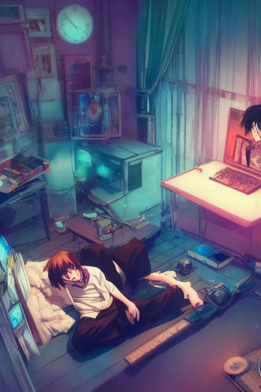Prompt: anime manga guy laying on floor looking at computer, cluttered 9 0 s aesthetic bedroom, by artgerm, james jean, tom bagshaw, gerald brom, vaporwave colors, lofi colors, vaporwave, lofi, goth vibe, 4 k, smooth, hd, substance designer render, full body character concept art, symmetrical,