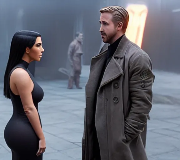 Image similar to a movie still of kim kardashian talking with ryan gosling in the movie blade runner 2 0 4 9