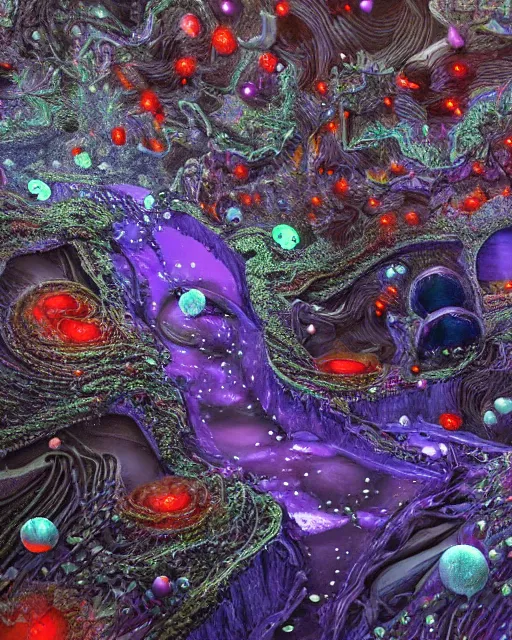 Prompt: super surreal detailed hyperrealist painting of futuristic diorama of purple firefly insects made out of mandelbulb silver metallic spheres floating leak highlighter glowing red neon slime in the white snow artic tundra unreal engine gouache detailed painting