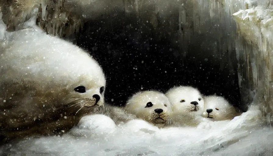 Image similar to highly detailed painting of cute furry white baby seals cuddled up inside snowy fantasy ice crystal cavern by william turner, by greg rutkowski, by william constable, thick brush strokes and visible paint layers, 4 k resolution