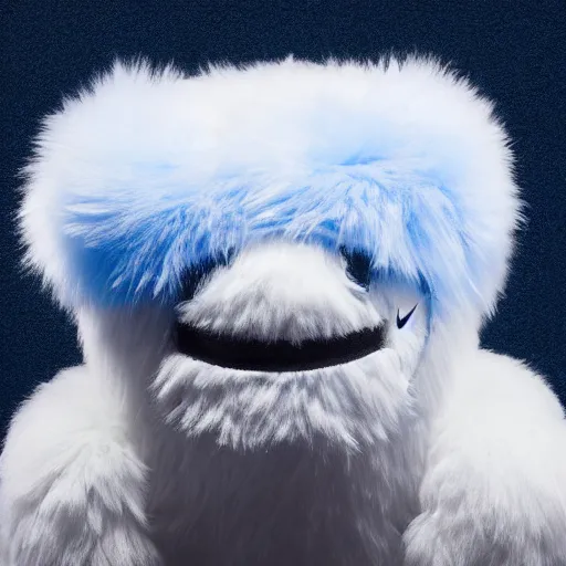 Prompt: nike fluffy monster made of very fluffy blue faux fur placed on reflective surface, nike logo, professional advertising, overhead lighting, heavy detail, realistic by nate vanhook, mark miner