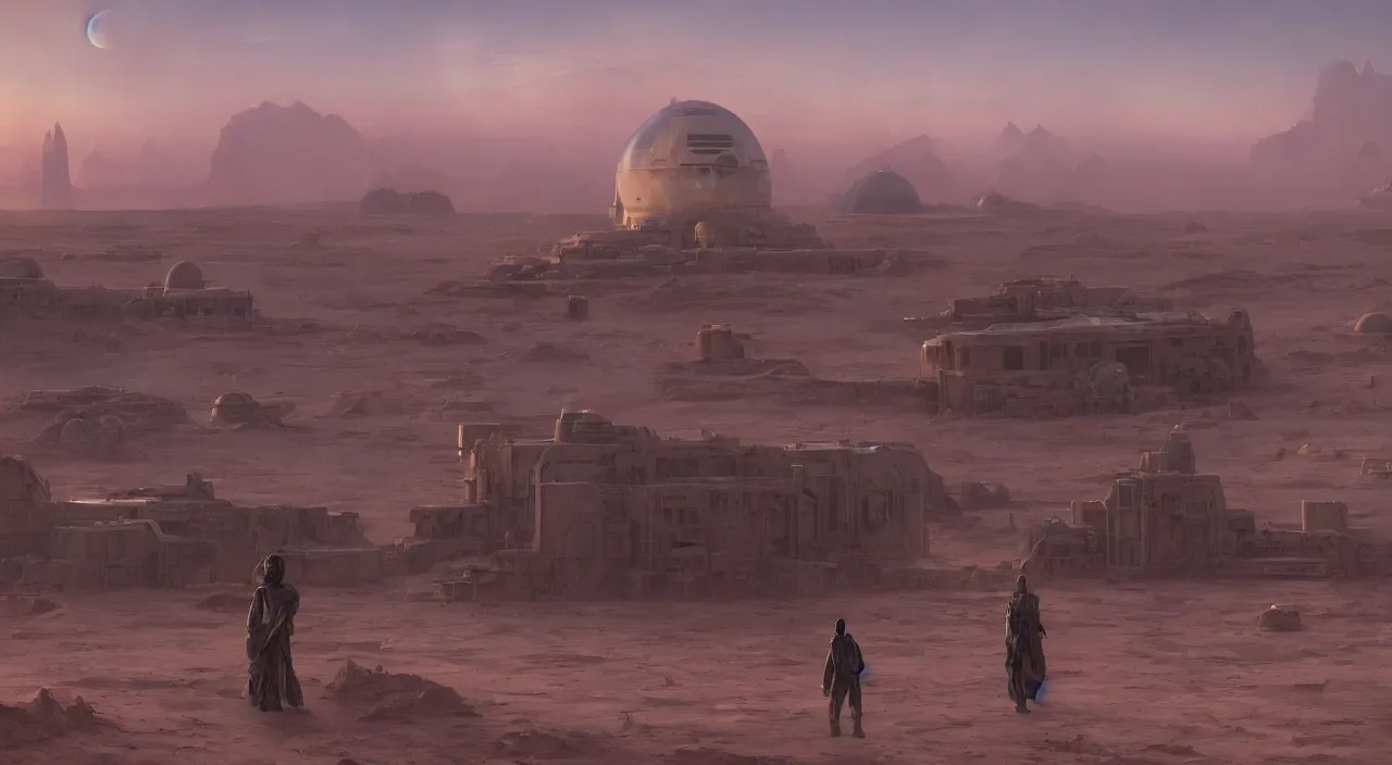 Prompt: city mos espa on planet tatooine from star wars fictional universe, fantastic digital painting by greg rutkowski and james gurney, trending on artstation, highly detailed