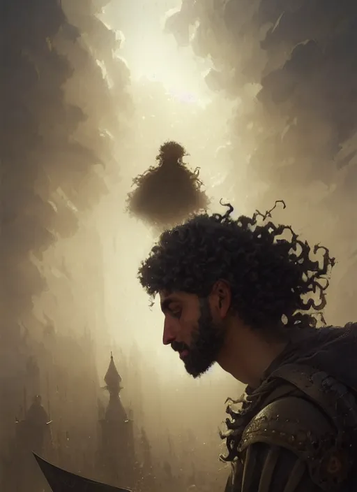 Image similar to highly detailed portrait arab man curly hair knight, hero, yellow charcoal, stephen bliss, 8 k, unreal engine, fantasy art by greg rutkowski, loish, rhads, ferdinand knab, makoto shinkai and lois van baarle, ilya kuvshinov, rossdraws, tom bagshaw, global illumination, radiant light, detailed and intricate environment