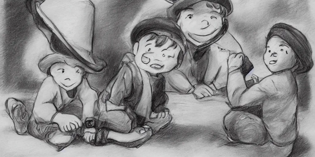 Image similar to A little boy in a hat drawn in the style of realism tells a story to his sister in the style of Disney that he saw a man on the moon who puts photos of fallen Marvel heroes of the Soviet Union on the roads, art 4k