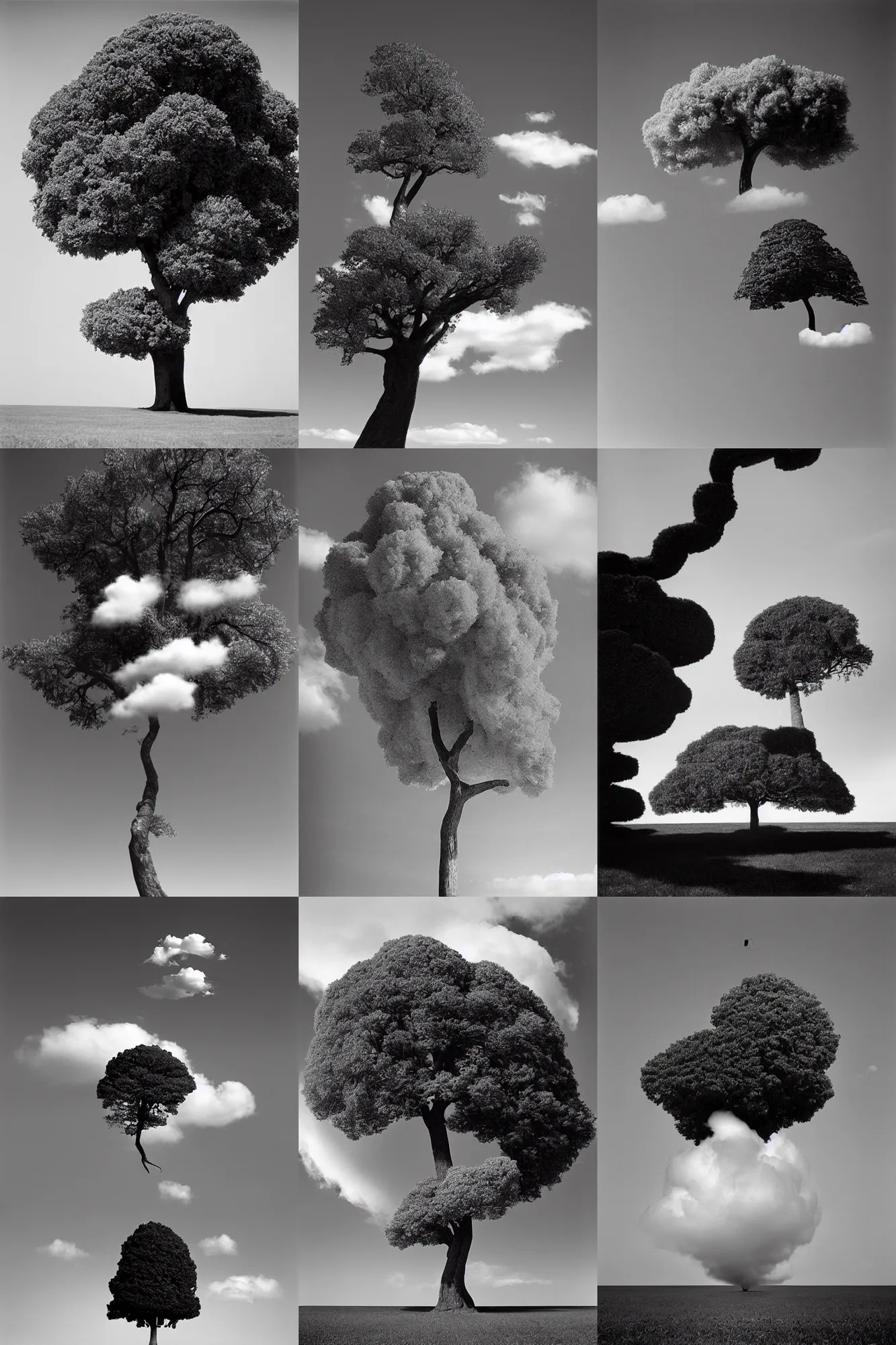 Prompt: Award-winning photograph by Chema Madoz. The photo depicts a cloud in a tree’s trunk. Black and white, minimalism, high definition, perfect composition