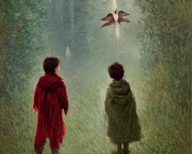 Prompt: a young boy with a red scarf, medium long brown hair, green eyes, is looking at a bird, ethereal, horror, fantasy art by greg rutkowski and magali villeneuve and claude monet