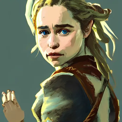 Prompt: emilia clarke in the art style of breath of the wild, dramatic lighting, digital art, intricate, highly detailed, matte painting, fine art