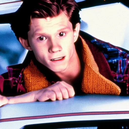 Prompt: Still of Tom Holland as Marty mcfly in back to The Future 1985 movie
