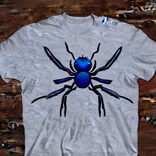 Prompt: white tshirt with design of a cute blue spider on it