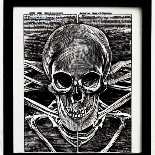 Image similar to “ a human skeleton, framed by a nuclear explosion going off behind it ”