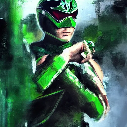 Image similar to green power ranger, realistic, ultrahd, jeremy mann painting