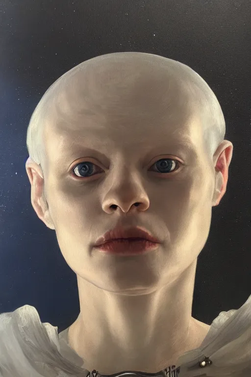 Image similar to hyperrealism oil painting, close - up portrait of albino medieval fashion model, knight, steel gradient mixed with nebula sky, in style of baroque