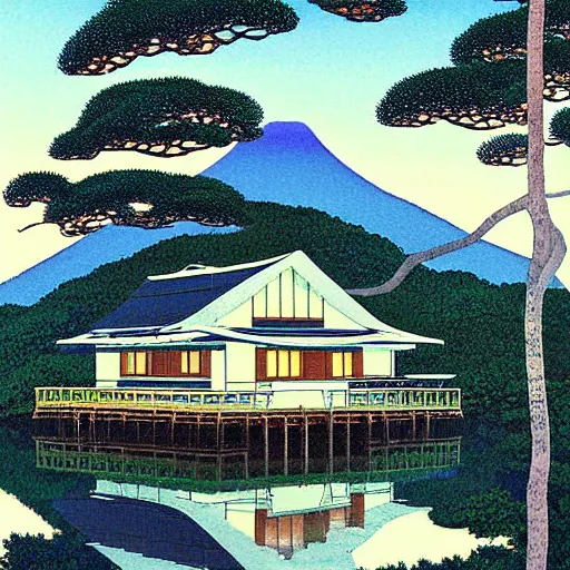 Image similar to painting by Hasui Kawase, atmospheric cozy futuristic organic white concrete house in the middle of a lush and dense forest at night, a beautiful lake next to it, night time, night sky, starry night sky, by Hasui Kawase