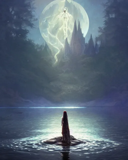 Image similar to a magic sword rising from the middle of a lake under a giant full moon, rippling reflections, western, D&D, fantasy, intricate, elegant, highly detailed, digital painting, artstation, concept art, matte, sharp focus, illustration, art by Artgerm and Greg Rutkowski and Alphonse Mucha, masterpiece, stunning, artstation