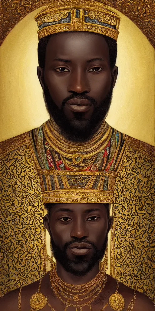 Image similar to a stunning and noble highly detailed romantic period style portrait of Mansa Musa by Josep Tapiró Baró, trending on artstation, oil painting masterpiece, symmetry, fractals, African iconography