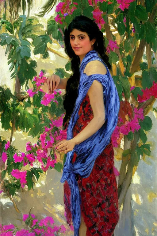 Image similar to portrait of persian girl with arabesque scarf near bougainvillea and palms, painting by john singer sargent