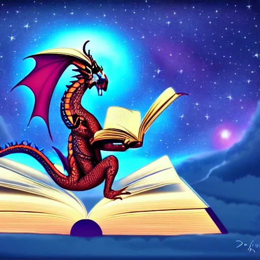 Image similar to dragon reading a book underneath the stars, digital art