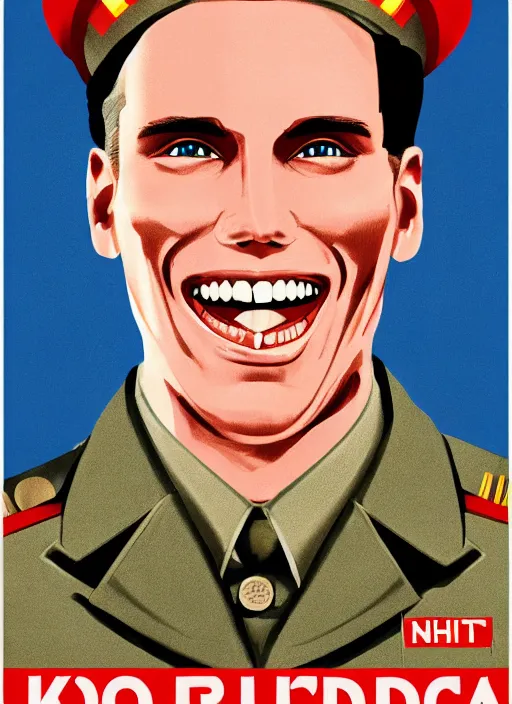 Image similar to propaganda poster smiling jerma as dictator of north korea, 8 k, trending on artstation