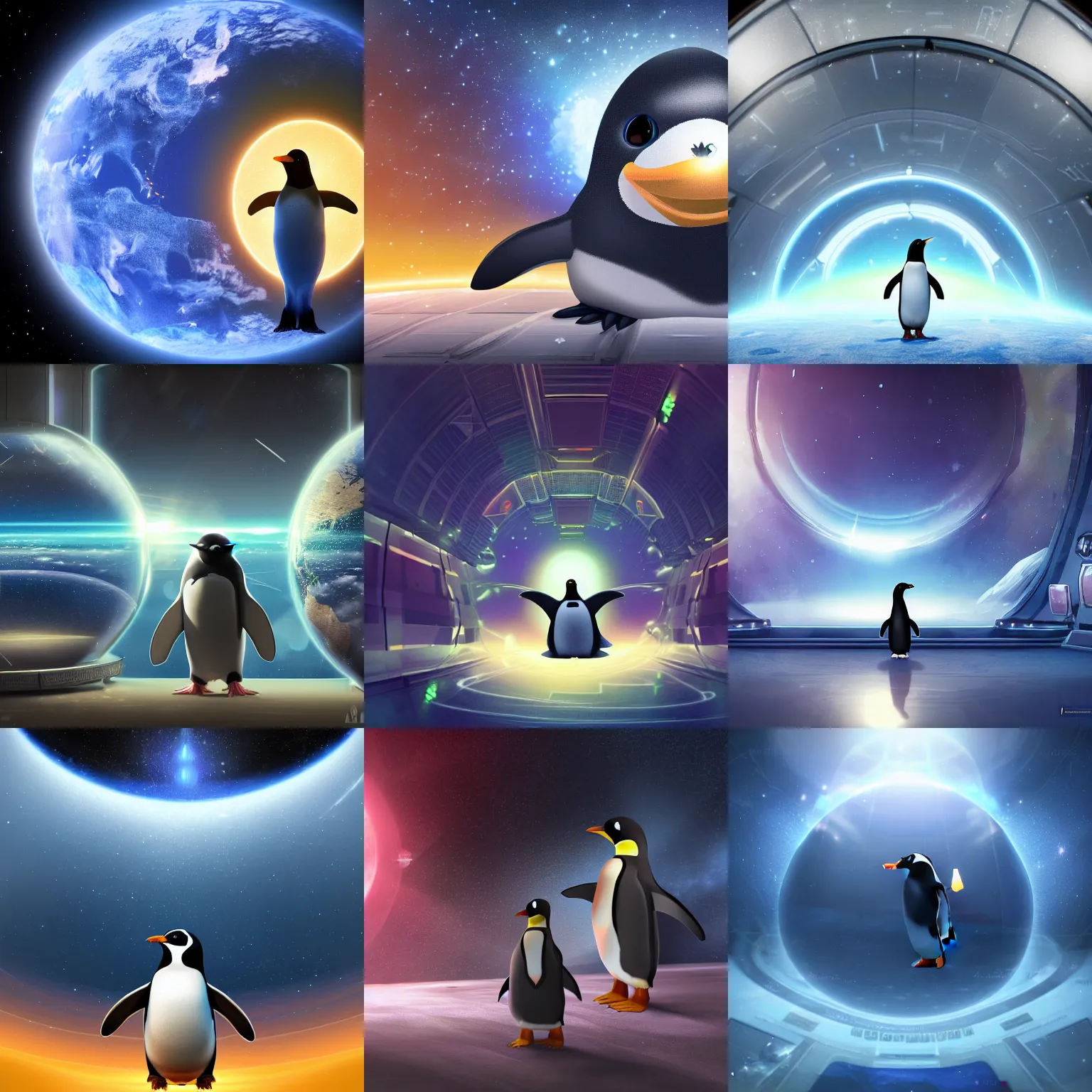 Prompt: magical penguin in a space station looking at the earth , realistic cinematic, volumetric lighting, centered, symmetrical, sharp focus, digital painting, mystical art, smooth, 4k