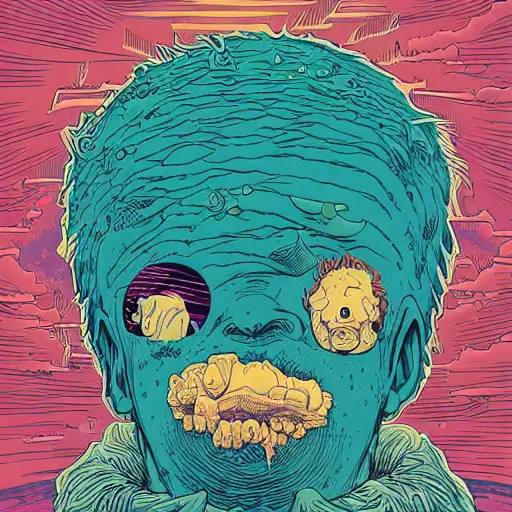 Prompt: sea full of crap been eaten from a big head, by josan gonzales and Dan Mumford