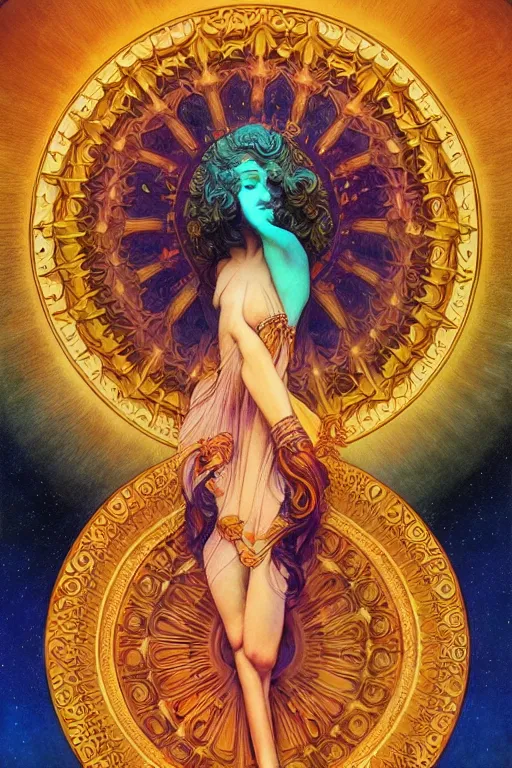 Image similar to beautiful goddess of space and dreams by maxfield parrish artgerm, in frame, mandala, coherent design, perfect symmetry, vivid colors, digital watercolor ink illustration painting, complementary color, golden ratio, detailed, sharp lines, sharp focus, intricate, rainbowshift, gustave dore, alphonse mucha, octane render