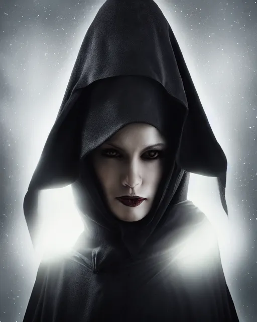 Image similar to closeup portrait, beautiful woman dark lord of the sith wearing a black hooded jedi cloak against a black background, white skin, dark eyes, rim light, volumetric lighting, concept art, smooth, sharp focus, arney freytag, glamour pose, soft ambient lighting, octane, 2 8 mm,