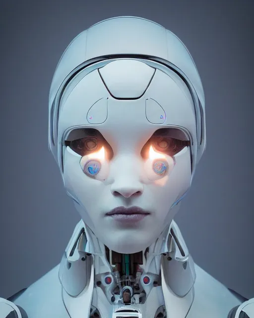 Image similar to centered portrait of soulful young shari headly as a solarpunk mecha humanoid robotic parts with bright led lights, real human face, pudica gesture bouguereau style, in white room, ultra - realistic and intricate, soft portrait shot 8 k