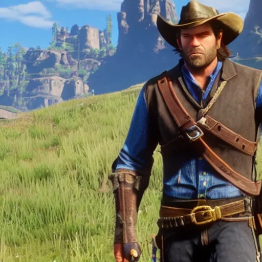 Prompt: A still of Arthur Morgan from Red Dead Redemption 2 in The Legend of Zelda: Breath of the Wild