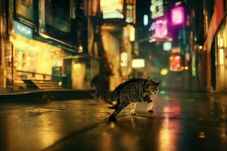 Image similar to VFX movie of a futuristic cat walking through a cyberpunk city rainy night natural lighting by Emmanuel Lubezki