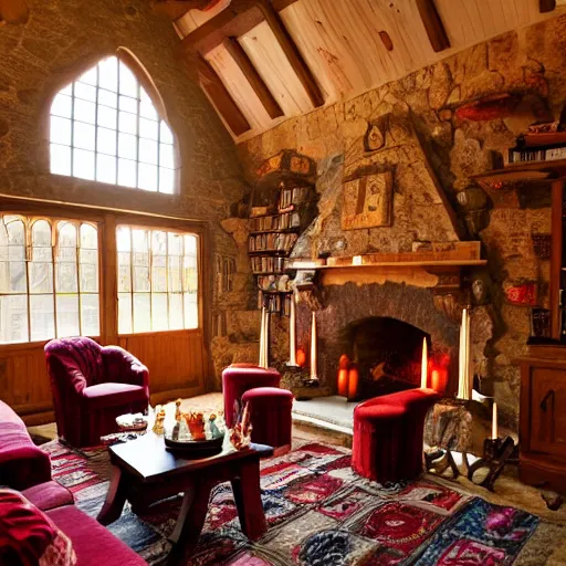 Prompt: A photograph of the Gryffindor common room, cozy arm chairs, a fire burning in the hearth, high ceilings, lit by many candles, light rays