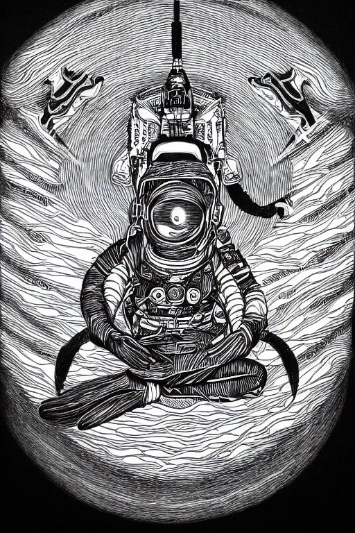 Prompt: 'meditating astronaut by Aaron Horkey, photorealism, line-drawing, black ink on white paper'