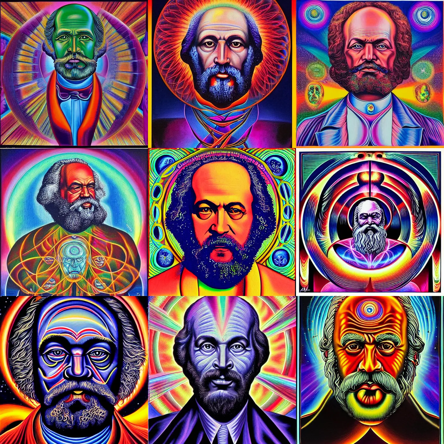 Prompt: cosmic karl Marx painting by alex grey in the style of a tool album cover