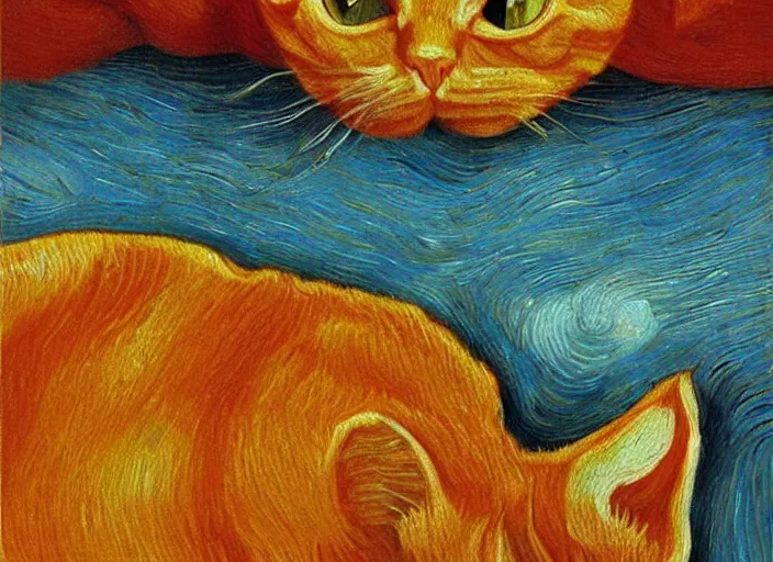 Image similar to detailed realistic realism painting of lasagna that looks like an orange tabby cat, at dusk, in the style of vincent van gogh and salvador dali and leonardo da vinci