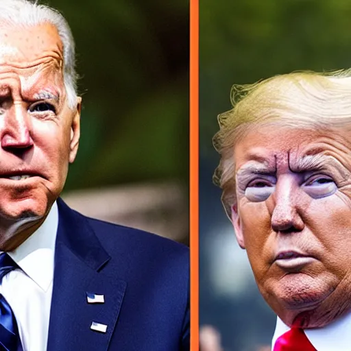 Prompt: Joe Biden with Trump’s orange makeup and bad hair on a windy day