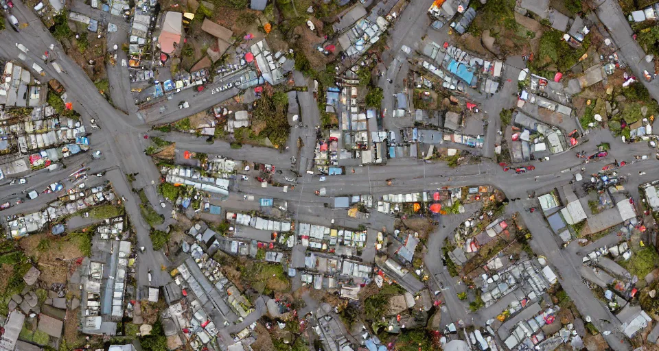 Image similar to top down aerial view of dilapidated zombie - apocalypse city with supermarket and shopping street in real life, desolate with zombies, dilapidated, zombies in the streets, nightmarish, some rusted style parked vehicles, sunny weather, few clouds, volumetric lighting, photorealistic, daytime, autumn, sharp focus, ultra detailed, cgsociety