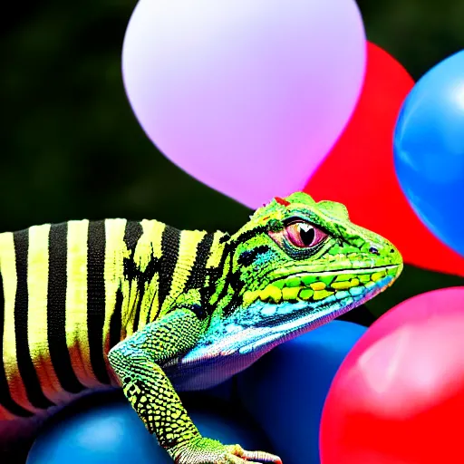 Image similar to Hillary Clinton lizard looking at brightly colored balloons, photo, detailed, 4k