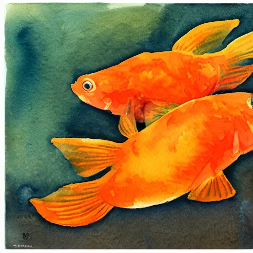 Image similar to watercolor painting of two mostly orange goldfish with white spot, by yusei nagashima, simple background, impressionist