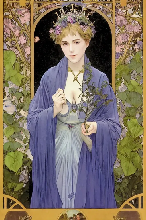 Prompt: Violet Evergarden wearing a long flowing blue Victorian dress with an oval jade brooch and a crown of magnolia Flowers, golden foil metal circle in the background, realistic detailed face portrait of Madonna by Alphonse Mucha, Ayami Kojima, Amano, Charlie Bowater, Karol Bak, Greg Hildebrandt, Jean Delville, and Mark Brooks, Art Nouveau, Neo-Gothic, gothic, rich deep moody colors