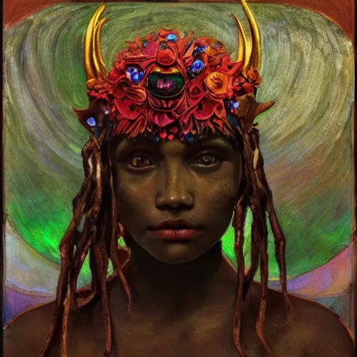 Image similar to the bone crown, by Annie Swynnerton and Nicholas Roerich, dark skin, elaborate costume, flowers, iridescent beetles, rich color, dramatic cinematic lighting, smooth, sharp focus, extremely detailed