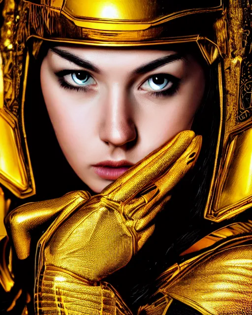 Image similar to comic book style portrait of woman in shining golden armor, high production value, intricate details, high resolution, hdr, high definition, masterpiece, realistic, ultrarealistic, highly detailed, hd, sharp focus, non blurry, sharp, smooth