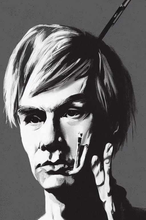 Image similar to a highly detailed beautiful portrait of andy warhol smoking a cigarette, extremely detailed, digital painting, artstation, concept art, smooth, sharp focus, illustration, intimidating lighting, incredible art