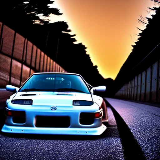 Image similar to a car drift spec mazda fc3s rx7 in middle of road, gunma prefecture, city sunset night, cinematic color, photorealistic, highly detailed