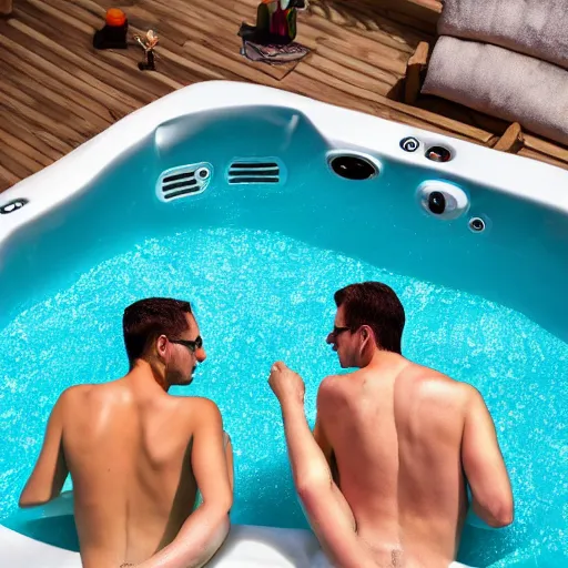 Image similar to two bros chilling in a hot tub 5 feet apart because they ’ re not gay, trending on artstation, award winning photography